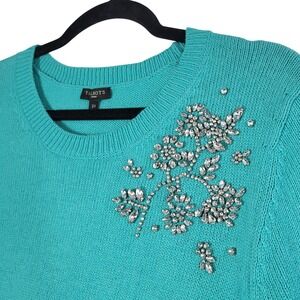 Talbots Touch of Cashmere Teal Sweater Crystal Embellished 3/4 Sleeve 2X Dressy
